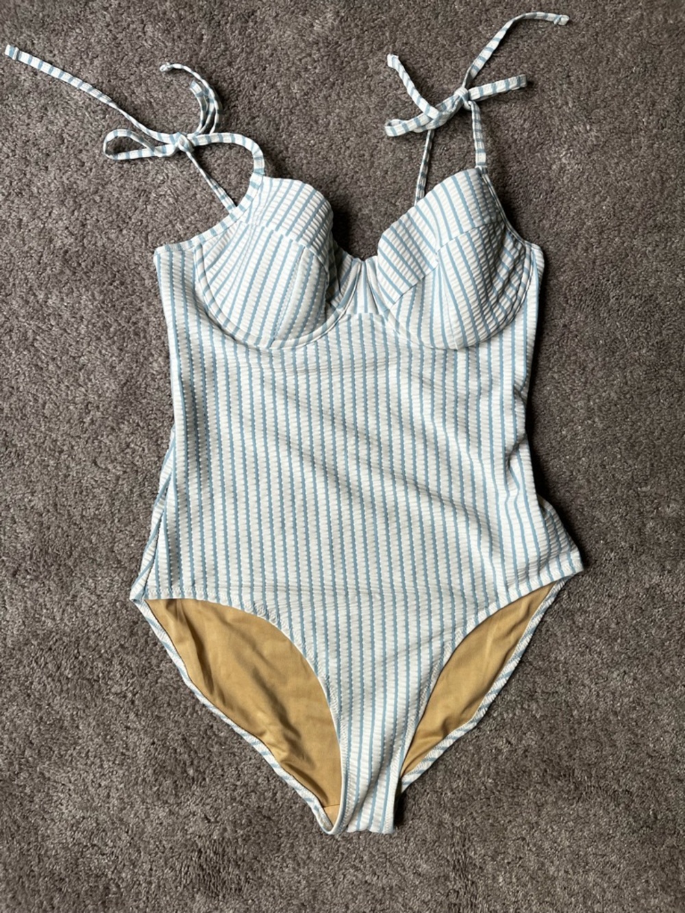 Blue and white textured stripe one piece swimsuit, NWT hygienic liner attached